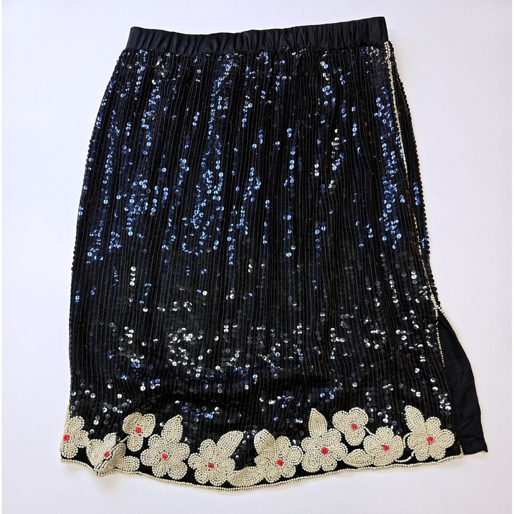 #Vintage Sparkly Sequin Floral Beaded Black Midi Skirt Women's Medium